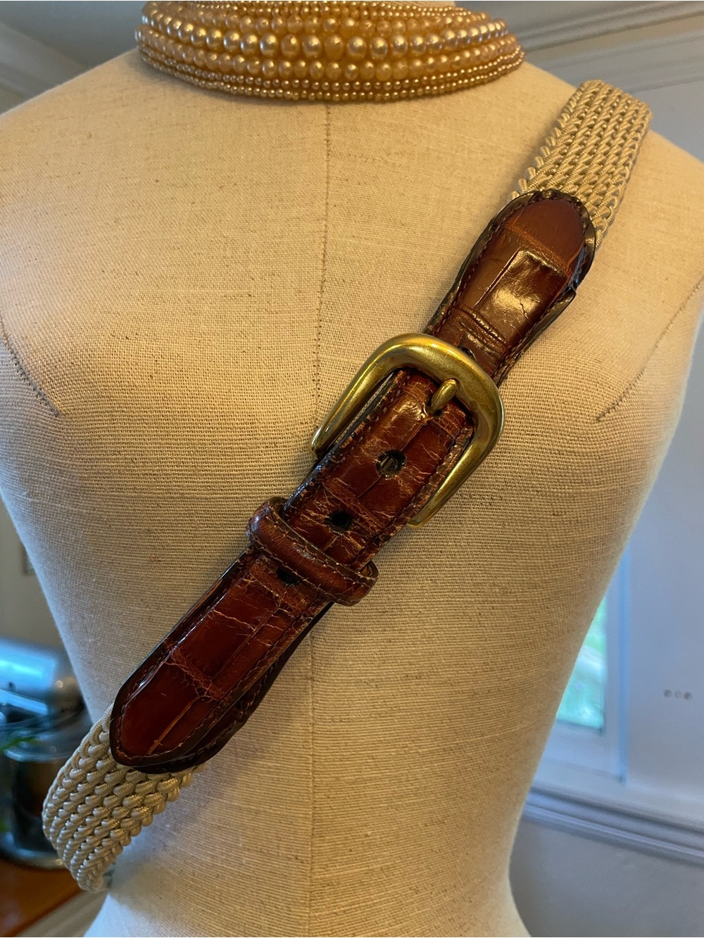 Brighton Braided Woven Belt with Brown Leather Trim and Brass Buckle